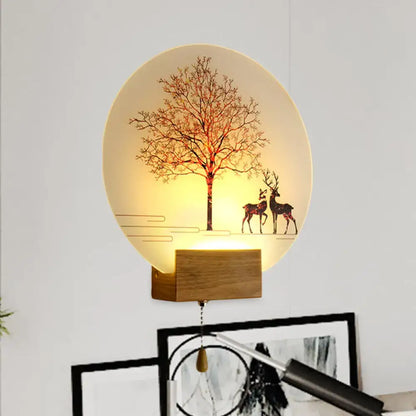 Wood deer tree mural led wall lamp with pull chain features warm glow and translucent design with max bulb wattage specification