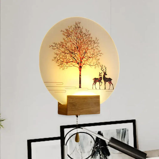 Wood deer tree mural led wall lamp with pull chain features warm glow and translucent design with max bulb wattage specification