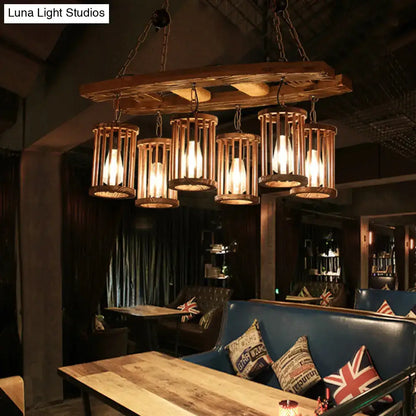 DecorBites 6-light wood pendant chandelier with five cylindrical cage lights and adjustable chain cord length hanging island light