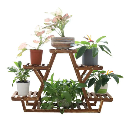 Brown wooden plant stand with three triangular tiers and slatted shelves for indoor and outdoor use