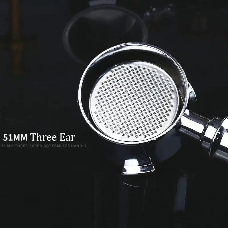 Shiny stainless steel 51mm three-ear perforated filter basket with wooden black decorbites bottomless portafilter handle