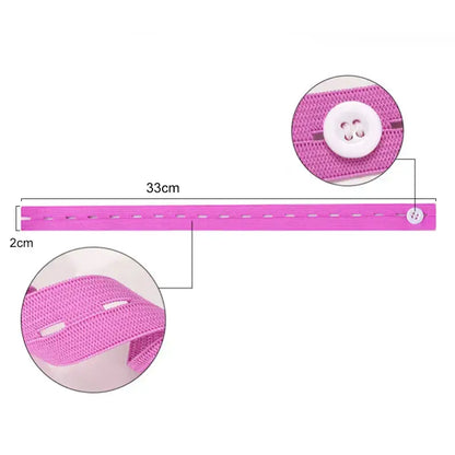 A vibrant pink elastic band with white button closure and reinforced stitching for band clothes folding and storage bags