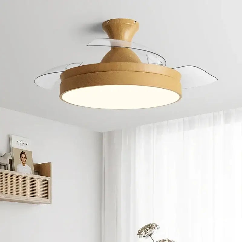 A modern wooden ceiling fan with acrylic blades featuring decorbites dc motor for living room use