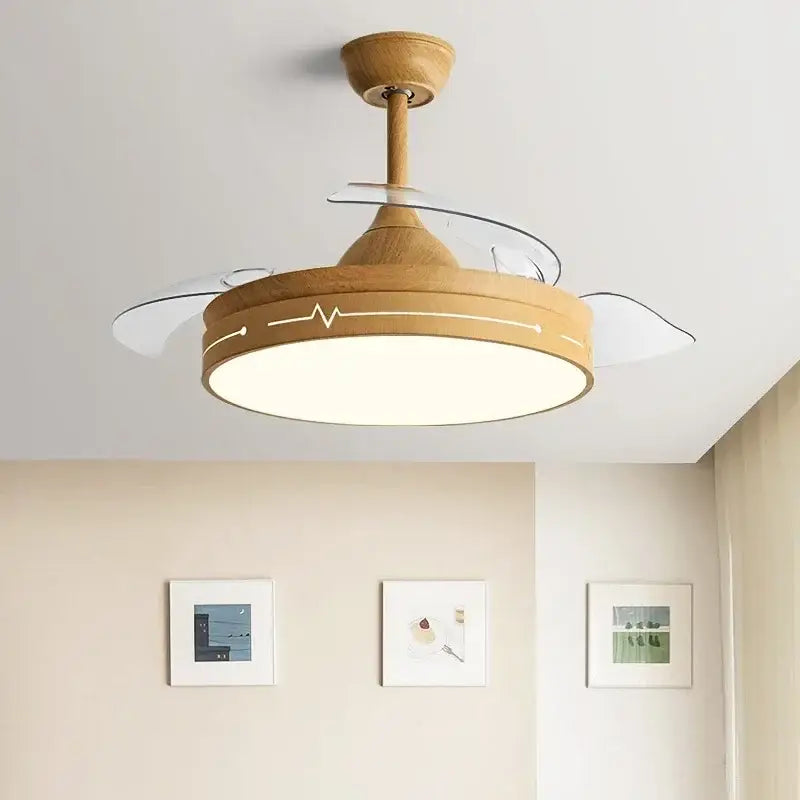 A modern wooden ceiling fan with acrylic clear glass blades and decorbites dc motor for living room use