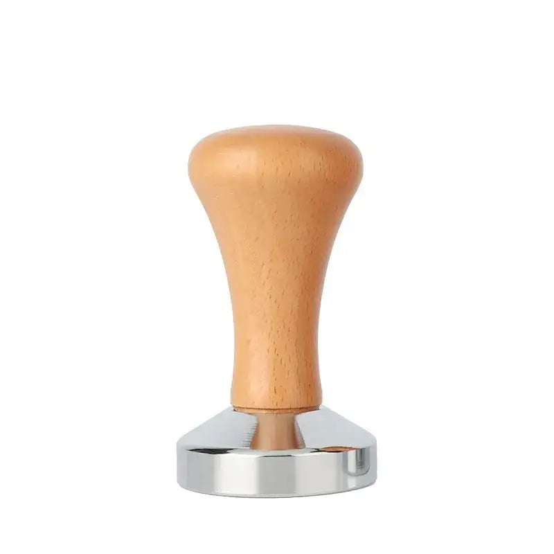 Wooden espresso distributor tamper with light brown wooden handle and polished chrome metal base for coffee brewing