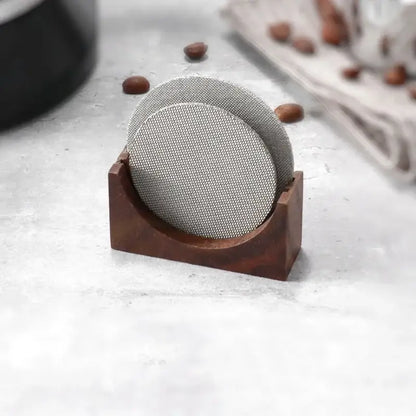 Wooden espresso filter screen holder with silver mesh coasters in dark wood screen holder for kitchen use