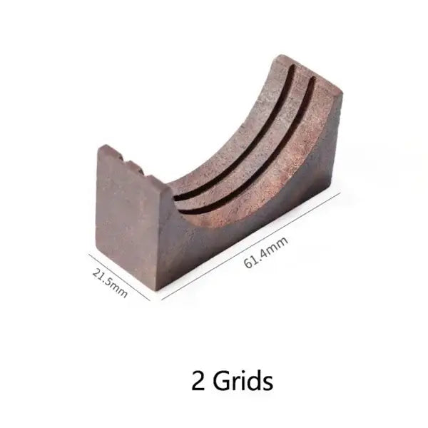 Dark brown wooden u-shaped filter screen holder with two parallel grooves and gray coasters for espresso kitchen use