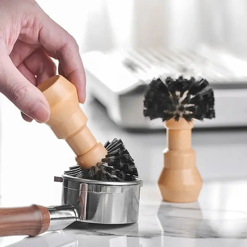 Wooden espresso portafilter and tamper cleaning brush with black bristles for decorbites espresso portafilter maintenance