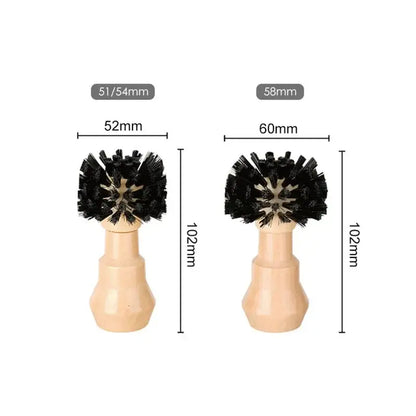 Two wooden-handled cleaning brushes with dense black bristles for decorbites espresso portafilter and tamper cleaning