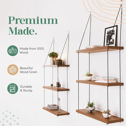 Decorbites™ 3-tier brown wood floating shelf with black cords for boho decor hanging storage solution