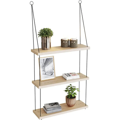 DecorBites™ light wood floating shelf with three tiers supported by black metal cords for boho decor