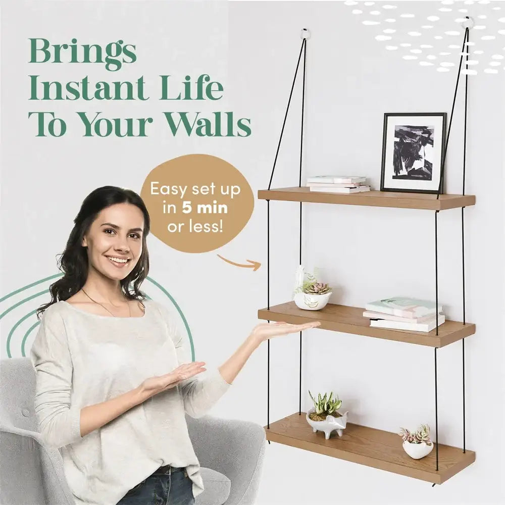 Decorbites 3-tier wood floating shelf with light wood tiers and black hanging cords for boho decor