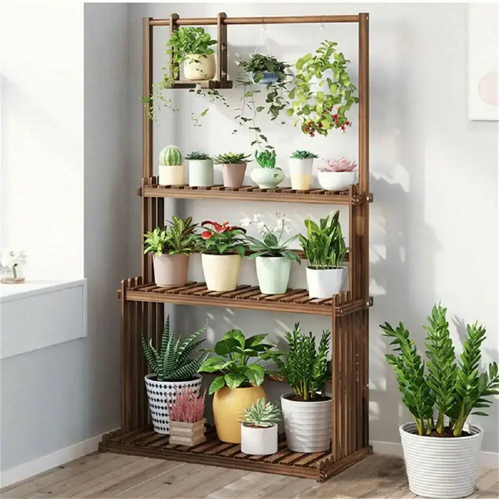 Decorbites 3-tier wooden hanging plant stand with brown wood plant multi-tiered slatted shelves holding potted plants