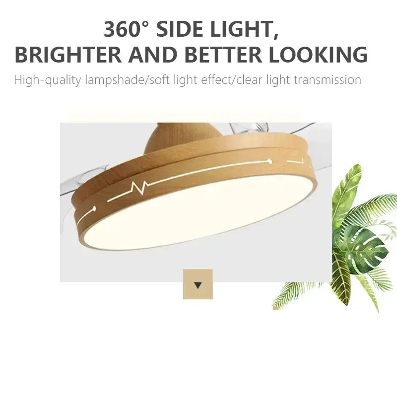 Wooden heartbeat ceiling fan with remote control and circular lampshade featuring white line art decorbites DC motor