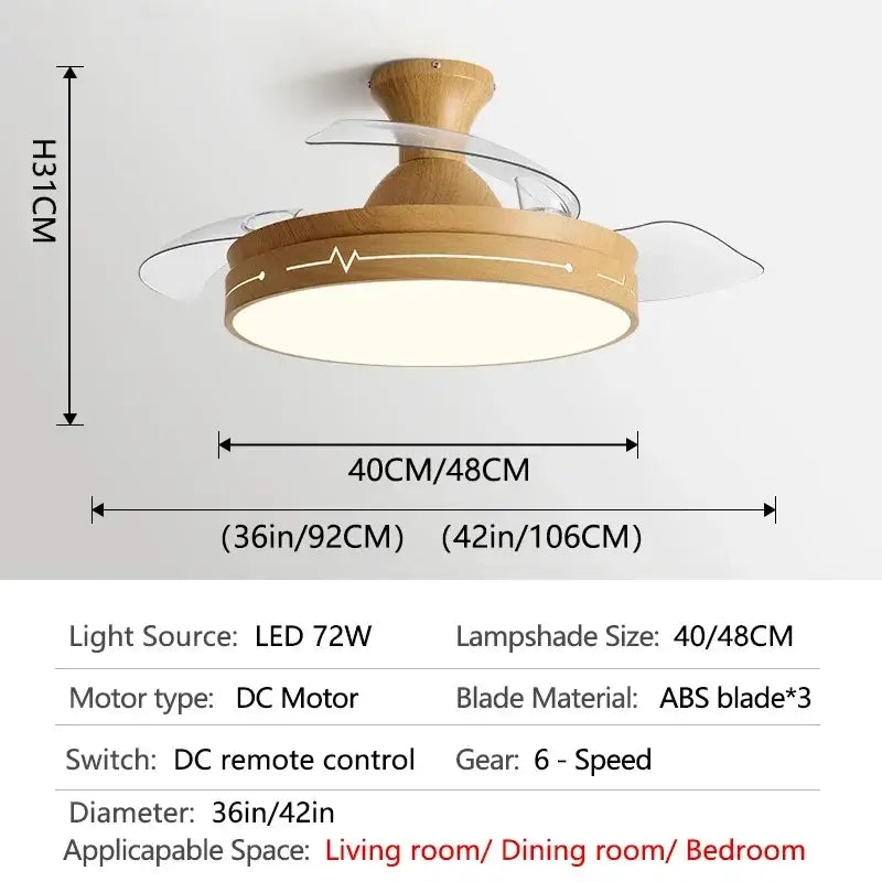 Wooden heartbeat ceiling fan with remote control features clear acrylic blades led light and decorbites dc motor