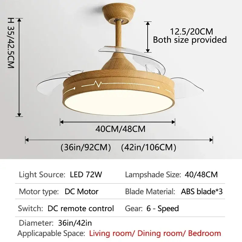 Wooden heartbeat ceiling fan with remote control featuring clear abs blades and circular lampshade for bedroom decorbites dc motor