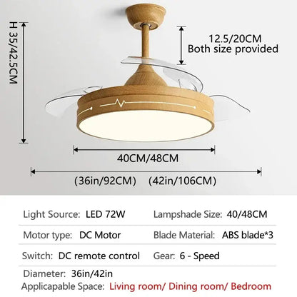 Wooden heartbeat ceiling fan with remote control featuring clear abs blades and circular lampshade for bedroom decorbites dc motor
