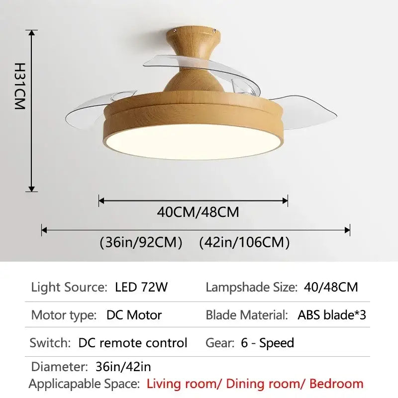 Modern wooden heartbeat ceiling fan with remote control and decorbites dc motor featuring transparent abs blades and light