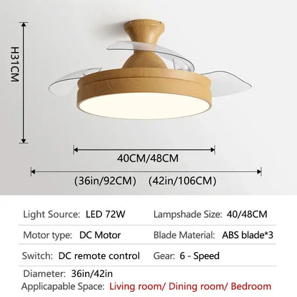 Modern wooden heartbeat ceiling fan with remote control and decorbites dc motor featuring transparent abs blades and light
