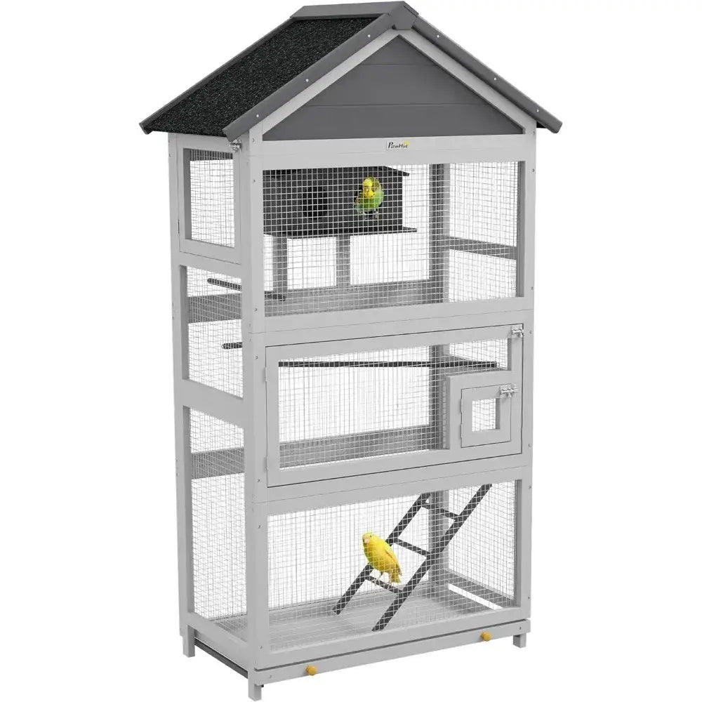 Gray wooden outdoor bird aviary by DecorBites with black roof and wire mesh panels featuring small mid-level door