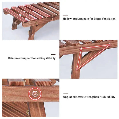 Brown wooden folding garden stool with slatted seat and reinforced triangular legs for max load plant stand use