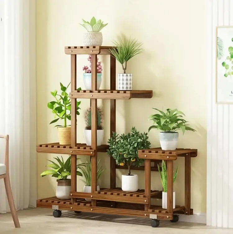 Brown wooden multi-tiered DecorBites™ wood plant stand with slatted shelves and black caster wheels for indoor outdoor use