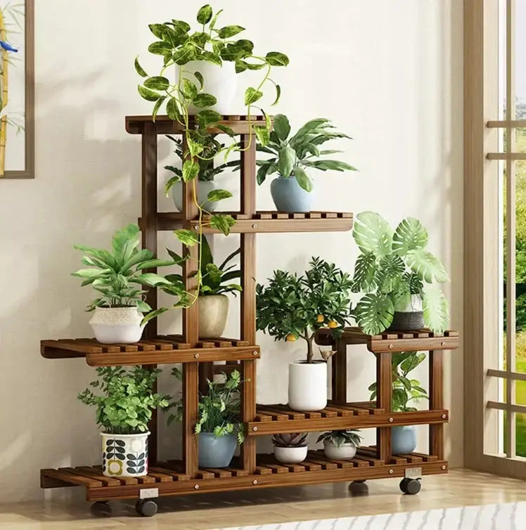 Decorbites™ 6-tier brown wooden plant stand with casters for indoor and outdoor use wood plant display