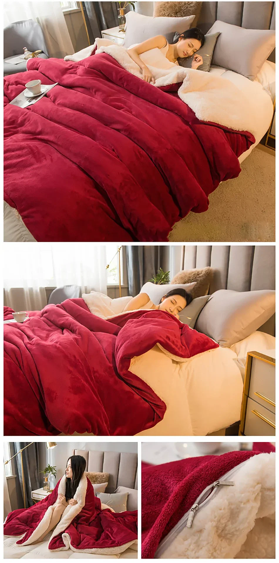 Plush red and cream two-sided wool throw blanket with soft fleece exterior and fluffy interior on the bed