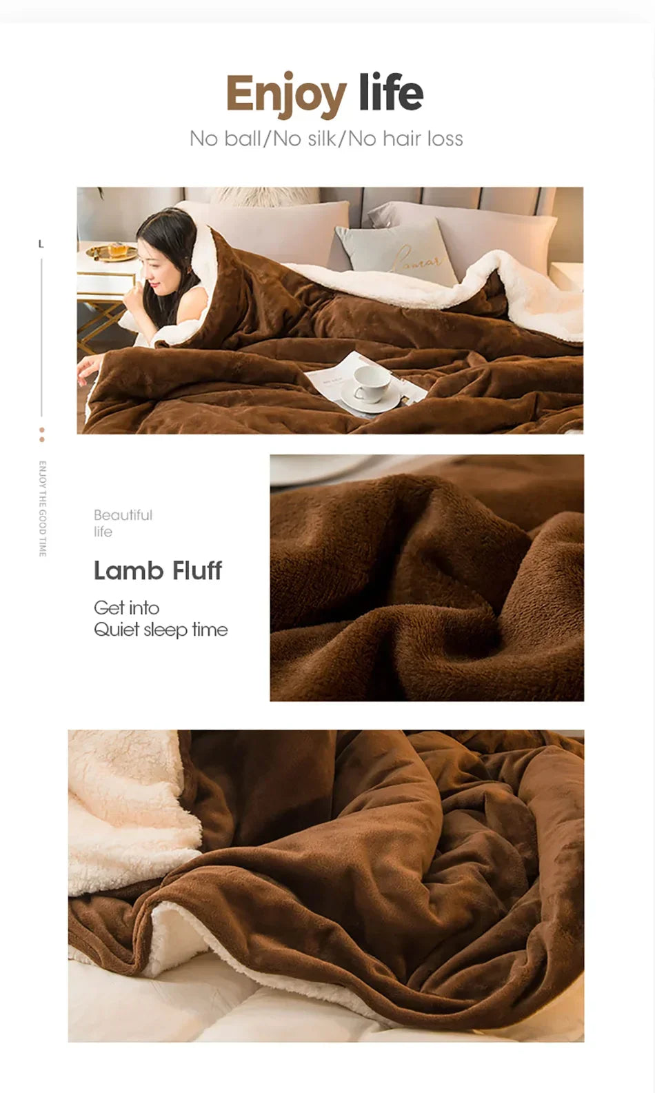 Brown lamb wool throw blanket with soft plush texture and white inner lining for winter bed and camping use