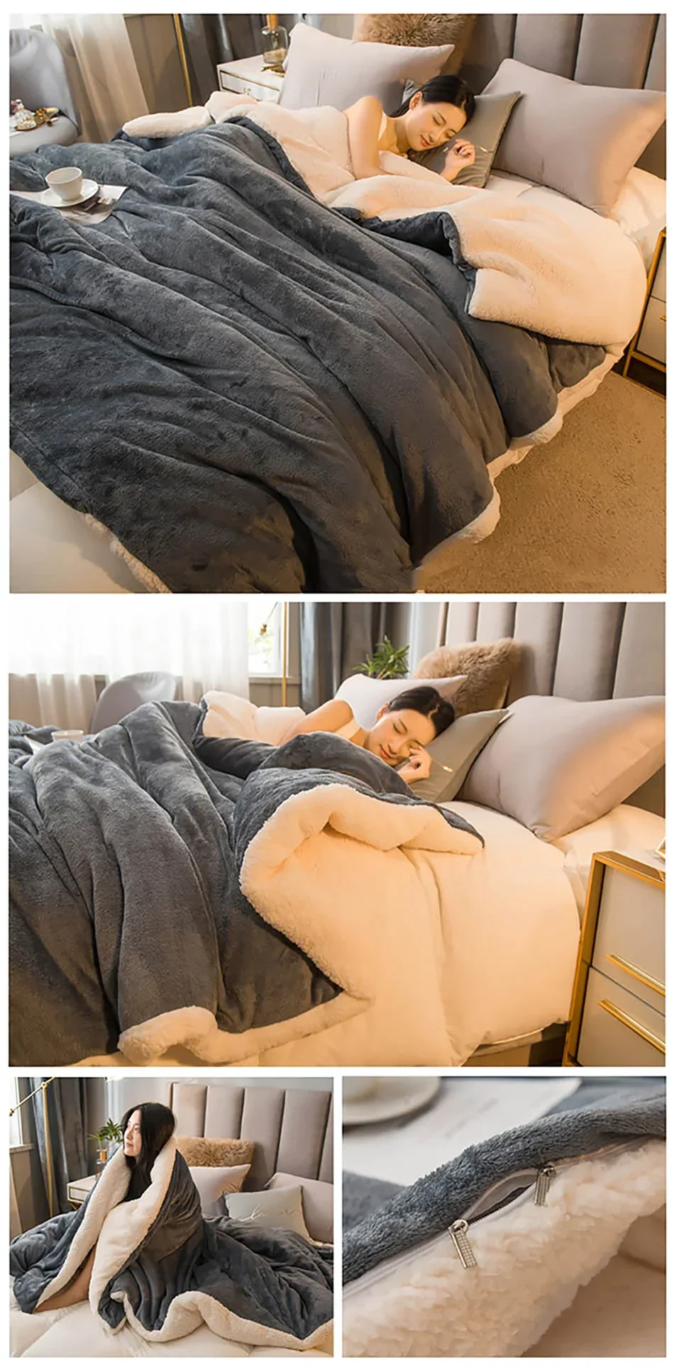 A plush two toned gray and cream fleece wool throw blanket with a soft textured surface for winter bed use