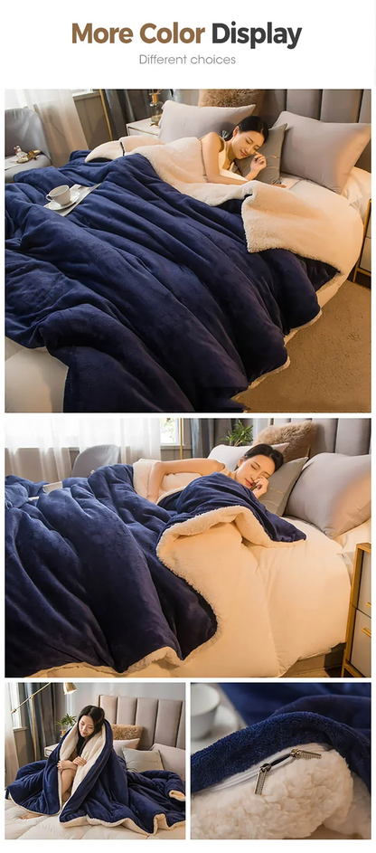 Deep navy blue and cream double sided wool throw blanket with soft fleece texture for winter bed and camping use