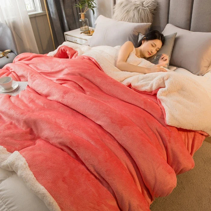 Soft coral fleece wool throw blanket with plush white lining draped over bed for winter warmth and camping use