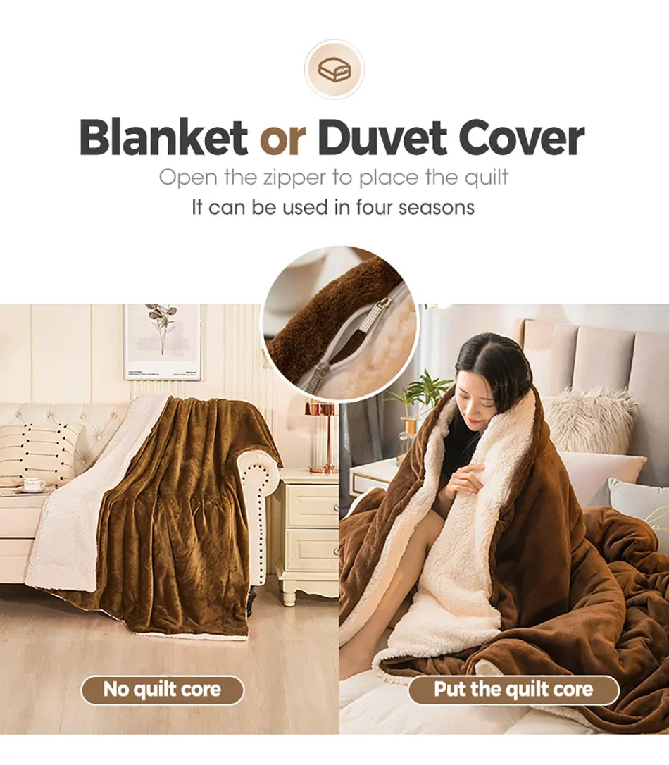 Brown and cream wool throw blanket with soft textured exterior and fluffy interior for winter bed and camping use
