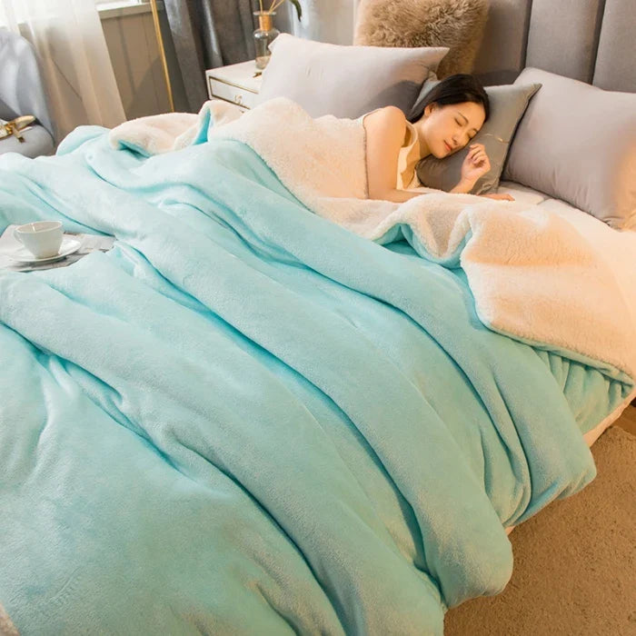 A soft two-toned wool throw blanket with mint green outer layer and cream fleece lining for winter bed warmth