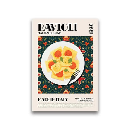Decorbites™ world cuisine canvas print featuring yellow ravioli with tomato and basil on dark green floral background for home decor
