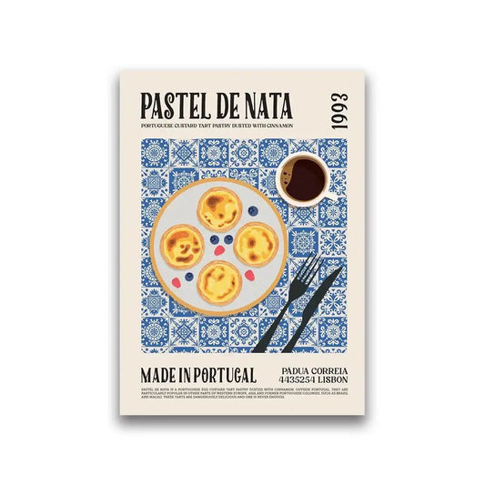 Beige decorbites world cuisine canvas wall art featuring golden pastel de nata tarts on blue and white tiled background