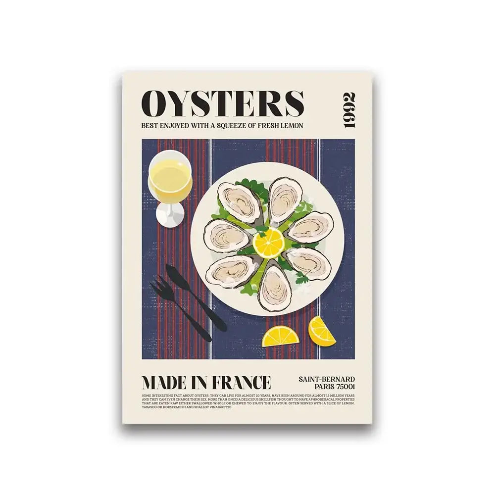 DecorBites™ world cuisine canvas wall art features a vintage oyster illustration on navy blue striped background