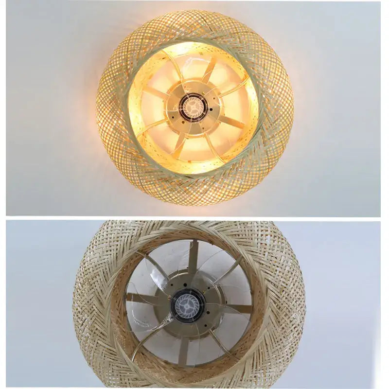 Beige woven bamboo ceiling fan with retractable blades and integrated light fixture for bedroom use 50cm bamboo ceiling fan
