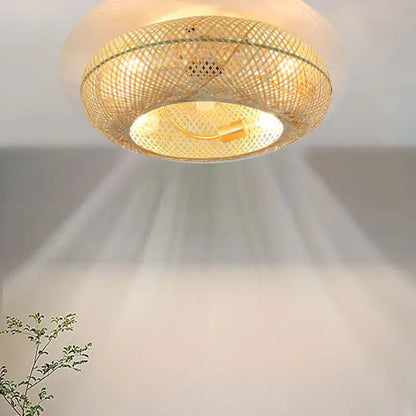 Woven bamboo ceiling fan with retractable blades featuring a warm circular 50cm bamboo ceiling light with golden accents