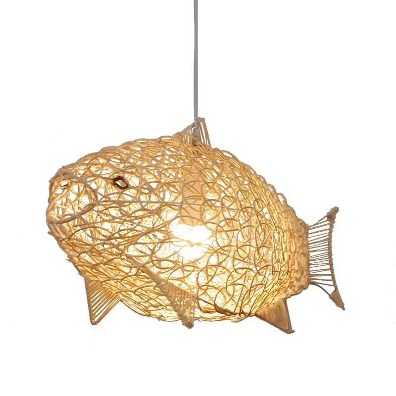 Woven bamboo fish art pendant light with warm-toned rattan detailing and glowing interior for kitchen or living room decorbites bamboo fish pendant lights