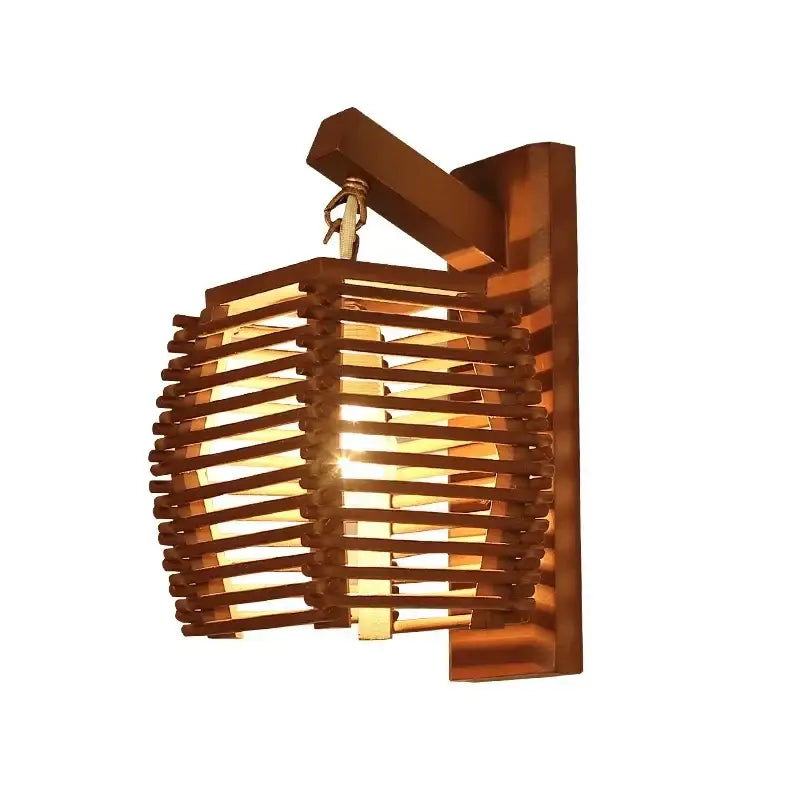 Warm-toned bamboo wall sconce light with woven slat design and rectangular bracket for corridor and cafe lighting