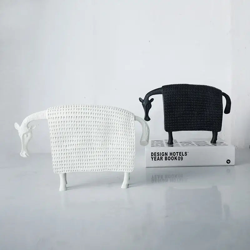 Woven black and white resin sculpture figurine of sheep with textured mesh bodies for living room decorbites black cow style