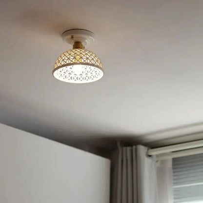 White woven ceramic led ceiling lamp with brass lattice dome featuring intricate pattern for bedroom decorbites ceramic led