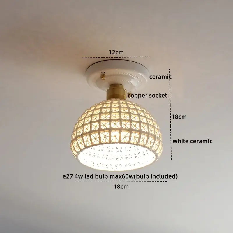 White ceramic led ceiling lamp with woven lattice design and brass-colored copper socket for decorbites ceramic led lighting