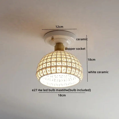White ceramic led ceiling lamp with woven lattice design and brass-colored copper socket for decorbites ceramic led lighting
