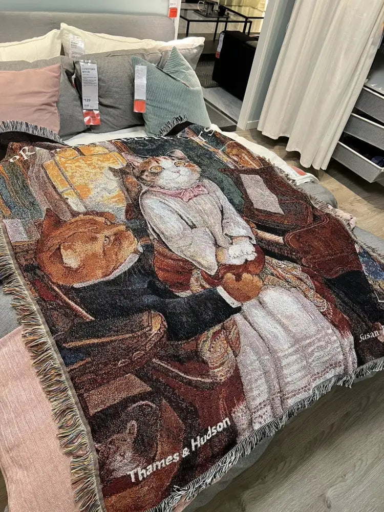 A woven colorful cat oil painting blanket featuring vintage anthropomorphic cats with fringed edges for decorbites cat oil decor