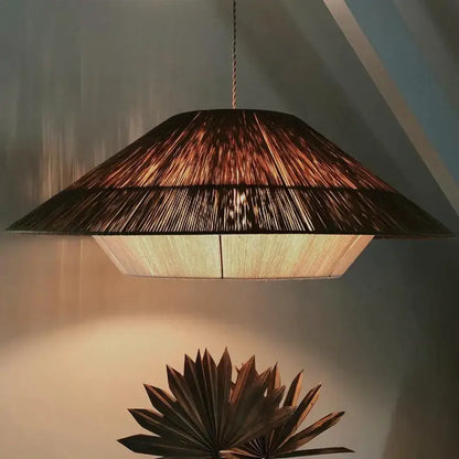 Warm-toned hexagonal pendant lamp with a woven natural fiber shade decorbites handmade hemp rope pendant lamp