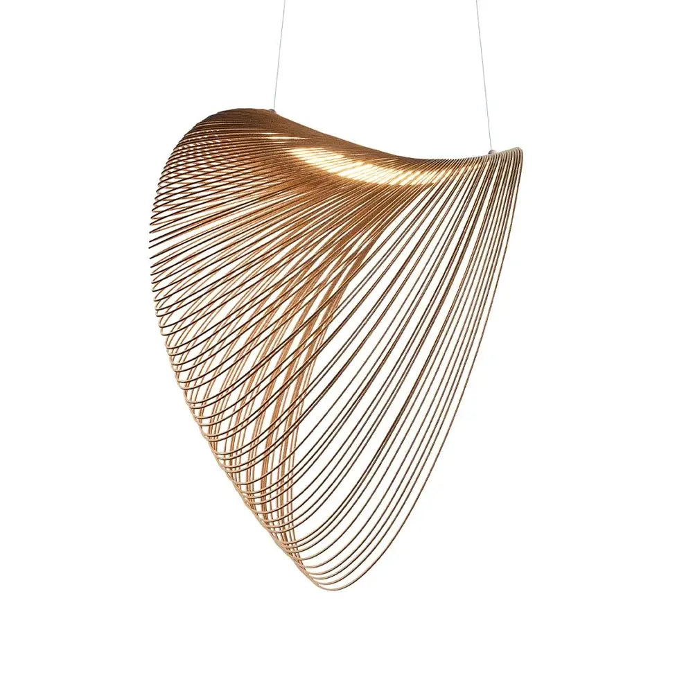 A gold-toned led pendant light with thin curved metal wires forming a sculptural nest design for dining room decorbites bird’s nest