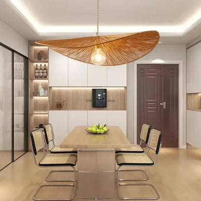 Woven hemp rope pendant light with a warm golden glow and fan-like shape for living room decorbites hemp rope
