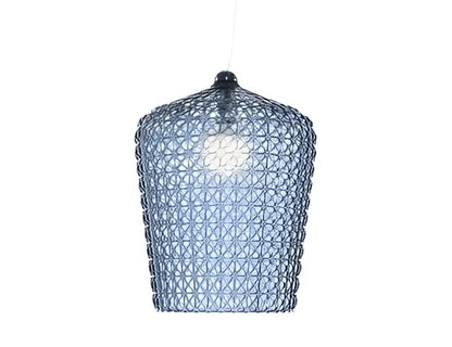 Blue woven pendant light with geometric mesh design complementing decorbites acrylic kabuki floor lamp for living room decor